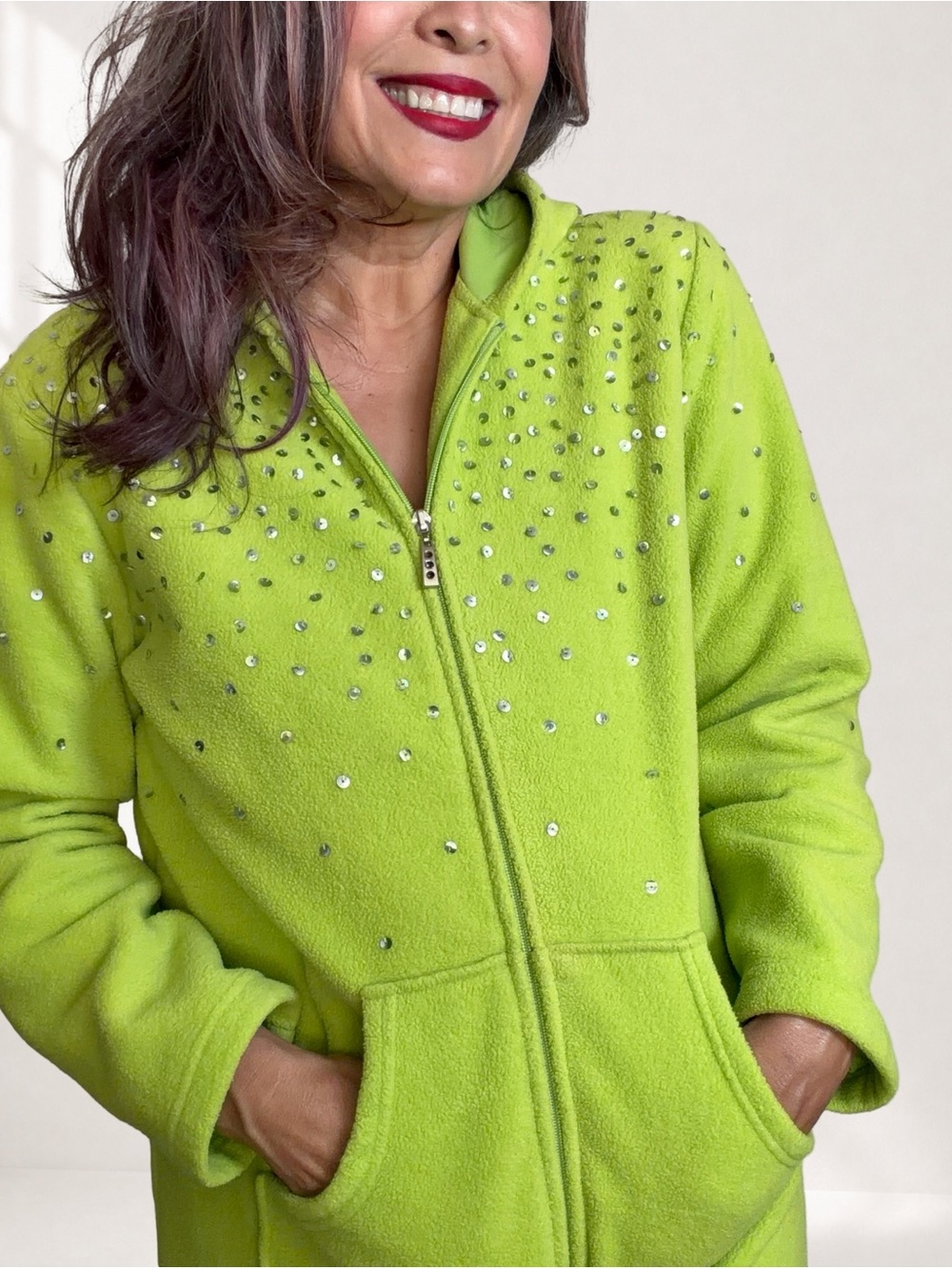 Quacker Factory Lime Green Sequin Fleece Hooded Jacket Coat M